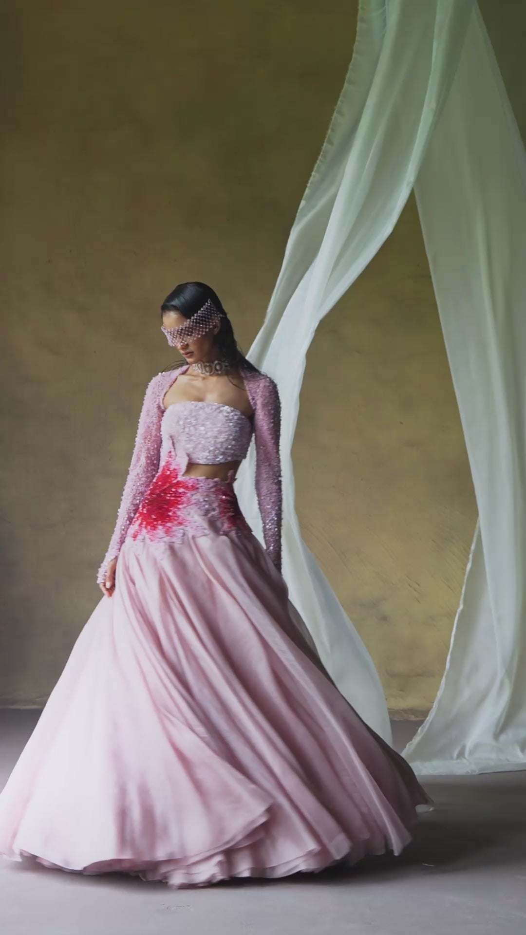 Load video: Aggunj Couture- 3D embellishments in cascading florals. Explore our signature drpaes, gowns and corsets.